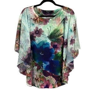 Red Coral Butterfly Floral Embellished Poncho Style Blouse Medium Multicolour